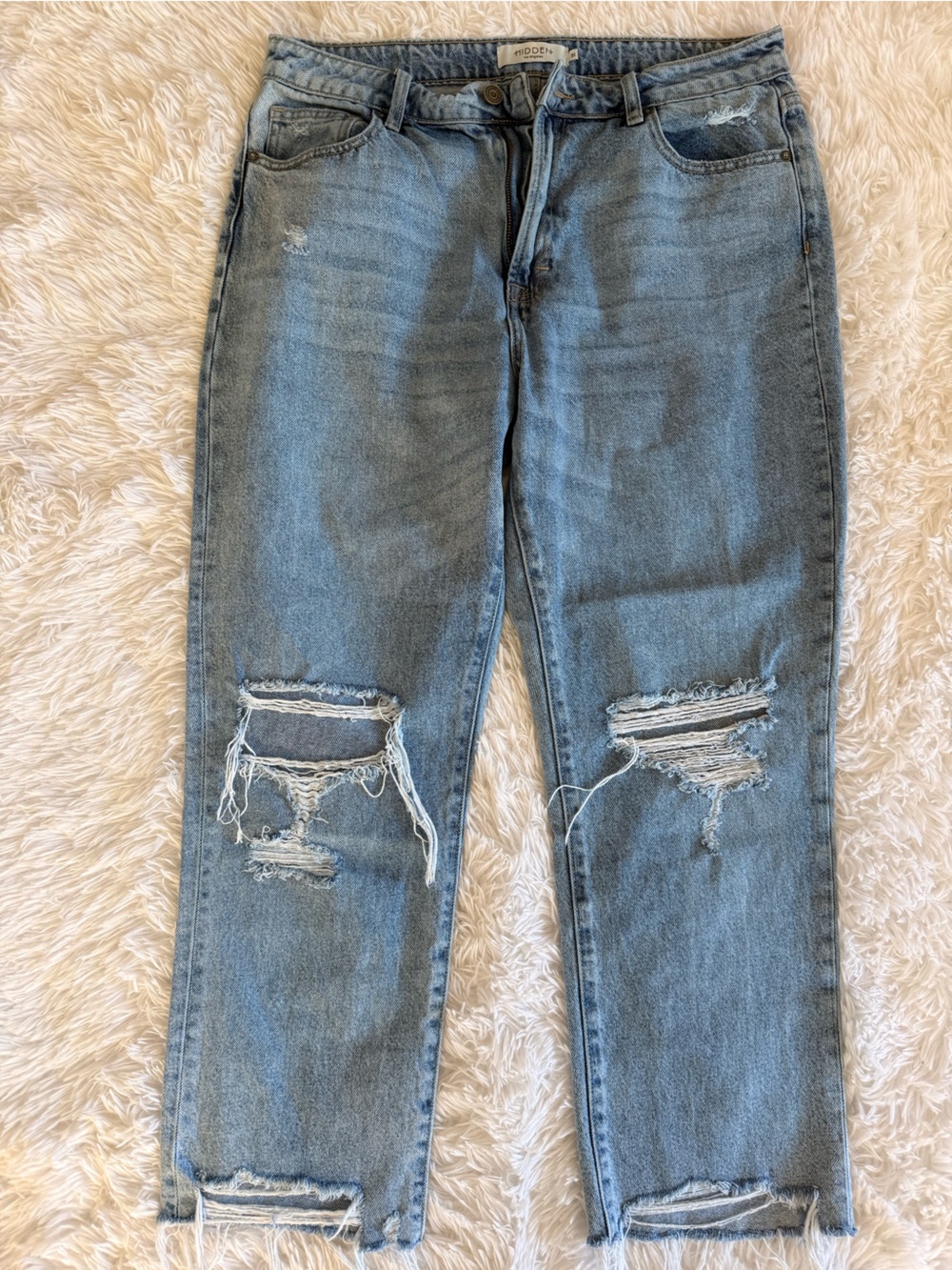 Light Blue Distressed Boyfriend Jeans - Casual Mid-Rise